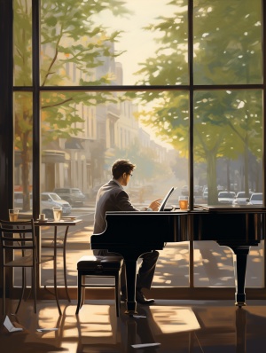 近景画面：在一家高档的咖啡厅室内，一张桌上放着一杯已经冷却的咖啡，桌子旁边有一架钢琴。远景画面：透过咖啡厅的窗户可以看到室外是春天的景象，远处有一男子已经走远的背景。整个画面远近层次分明。