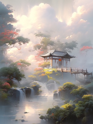 早霞的光照在小溪边有小房子的画，楼梯直接到水边，中国画的风格，柔和的雾气，uhd图像，田园风光，精确绘画