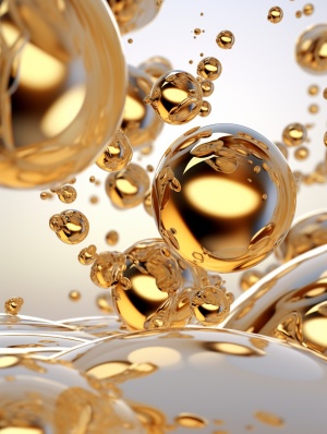 oil spheres，golden liquid，light gray background，in the style of rendered in cinema4d, soft and airy compositions, polished surfaces, Dynamic Wave Element