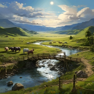 草原，小桥流水人家，马，蒙古包，灯光，半阴半晴，高清，