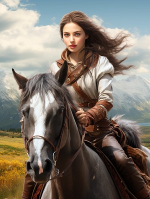 骑在马背上的性感漂亮姑娘，东方野性美背景是草原，旁边有河，远处有山，画面有质感，高清