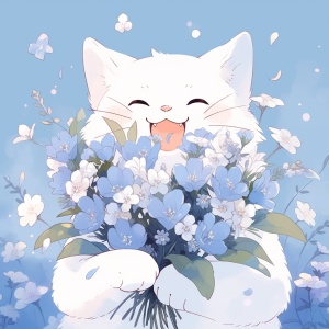 Happy White Cartoon Cat with Blue Flower in High Definition