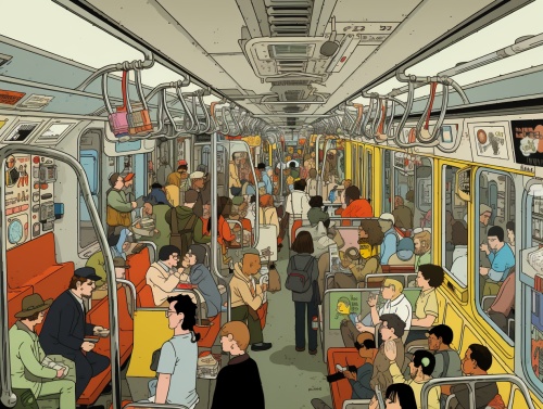 in style of Chris Ware，传统漫画，简笔画，密密麻麻上班的人，挤满人的地铁，过道上也挤满了人，夸张的画面，高分辨率 ，全身视角，