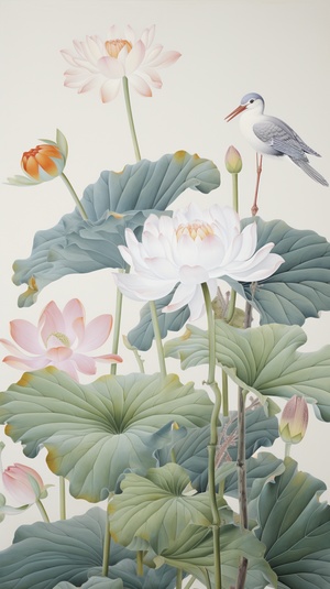 a painting shows birds in a lotus, in the style of white and gray, romantic illustration, monumental murals, gutai group, realistic color schemes, cloisonnism, wlop v 6.0 ar 9:16