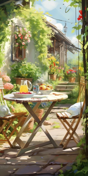 小院 种菜 养花 田园 葡萄架 野餐桌 户外秋千 画架上面有一幅画了一半的画 躺椅上有个女的 桌子上有下午茶