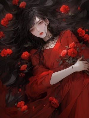 黑色长发，眼睛上带着红色纱布，一身红衣，无数恐怖的冤魂，红玫瑰点缀的绝美女子。