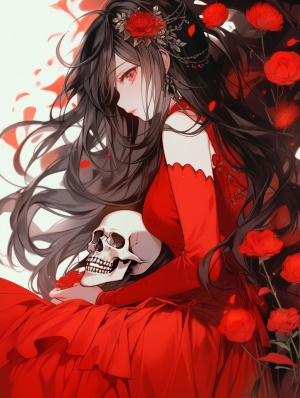 黑色长发，眼睛上带着红色纱布，一身红衣，无数恐怖的冤魂，红玫瑰点缀的绝美女子。