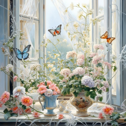 白底，欧式窗户，鲜花植物，蝴蝶，插画