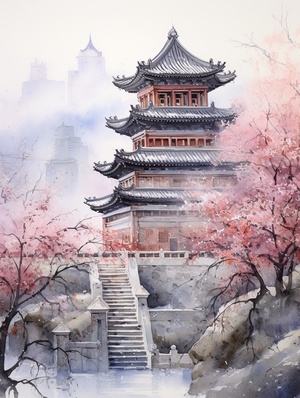 Ancient Chinese architectural watercolor painting, there are many, many, many buildings, palaces, winter, white, snow-capped, plum blossoms blooming, there is falling snow, the north wind howls, there are frozen ice cones on the eaves, realistic fantasy art style, anti-gravity architecture Style, majestic, competition-winning work, ultra-high details, high details, high definition, illustration, white background, extreme highlight perspective ar 3:4 niji 5#AI画图