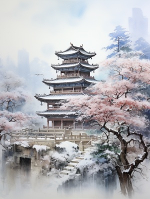 Ancient Chinese architectural watercolor painting, there are many, many, many buildings, palaces, winter, white, snow-capped, plum blossoms blooming, there is falling snow, the north wind howls, there are frozen ice cones on the eaves, realistic fantasy art style, anti-gravity architecture Style, majestic, competition-winning work, ultra-high details, high details, high definition, illustration, white background, extreme highlight perspective ar 3:4 niji 5#AI画图
