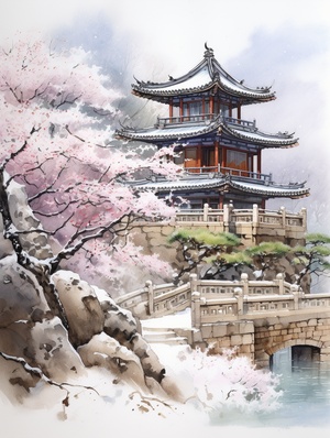 Ancient Chinese architectural watercolor painting, there are many, many, many buildings, palaces, winter, white, snow-capped, plum blossoms blooming, there is falling snow, the north wind howls, there are frozen ice cones on the eaves, realistic fantasy art style, anti-gravity architecture Style, majestic, competition-winning work, ultra-high details, high details, high definition, illustration, white background, extreme highlight perspective ar 3:4 niji 5#AI画图