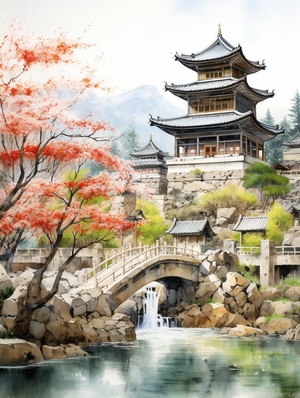 春天Watercolor painting of ancient Chinese architecture, temple waterfall, realistic fantasy art style, anti-gravity architectural style, majestic, ultra-detailed rendering of mountain scenery, high detail, high definition, illustration, white background, extreme close-up perspective, birds flying in the sky,There are many, many buildings, including palaces, with super high details. In spring, there are peach blossoms, apricot blossoms, and spring flowers. ar 3:4 niji 5