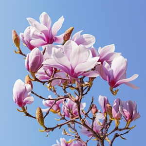 一朵半开放的紫色玉兰花，似花似鸟，特写。背景是蓝色的天空。