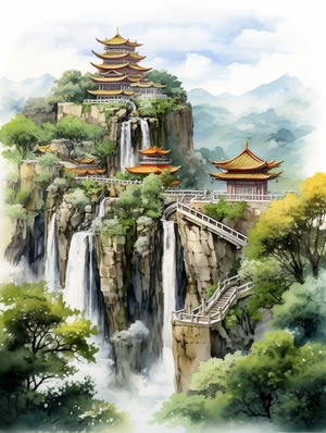 夏天咒语:Watercolor painting of ancient Chinese architecture, temple waterfall, realistic fantasy art style, anti-gravity architectural style, majestic, ultra-detailed rendering of mountain scenery, high detail, high definition, illustration, white background, extreme close-up perspective, birds flying in the sky,There are many, many buildings, including palaces, with super high details. In summer, there are lotus flowers and sunflowers ar 3:4 niji 5