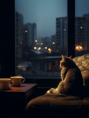 一只猫咪独自坐在沙发上望向窗外，窗外是阴郁的大都市风格，下雨，猫咪的前面有一个小书桌上面摆着台灯，，闹钟，烟缸，电影情感表达，延时摄影，夜间摄影的风格，阴暗 v 5.2