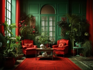 红色，绿色，室内设计
