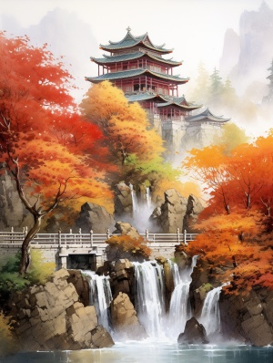 秋天Ancient Chinese architectural watercolor painting, temple waterfall, realistic fantasy art style, anti-gravity architectural style, majestic, there are many buildings, palaces, super high details on the mountain, autumn, red maple leaves, fallen leaves falling, wild geese flying in the sky, under the mountain Terraced fields, mature crops, farmers working in the fields harvesting crops, mountain scenery super gravity rendering, high detail, high definition, illustration, white background, extreme highligh