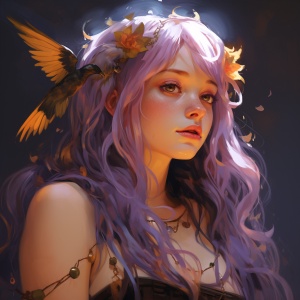 A white girl with purple hair and a cute fat little swallow doll on her headdress, in the style of yanjun cheng, dark violet and light amber, charming character illustrations, softly luminous, neotraditional, close up, sabbas apterus ar 3:4 style raw