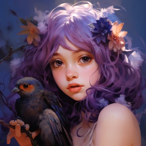 A white girl with purple hair and a cute fat little swallow doll on her headdress, in the style of yanjun cheng, dark violet and light amber, charming character illustrations, softly luminous, neotraditional, close up, sabbas apterus ，彩色蜡笔，