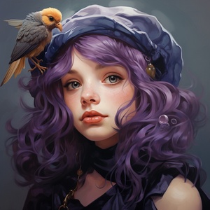 A white girl with purple hair and a cute fat little swallow doll on her headdress, in the style of yanjun cheng, dark violet and light amber, charming character illustrations, softly luminous, neotraditional, close up, sabbas apterus ar 3:4 style raw