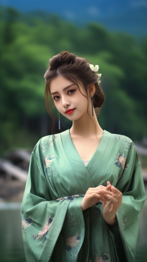中国美女，十八岁，盘着发髻插着发簪，穿着嫰绿色华丽的祺袍，正面照，全身照，站在河边