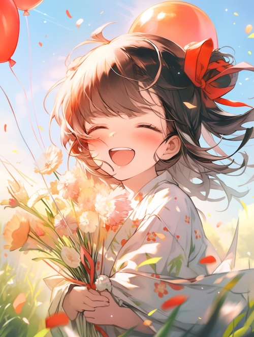 A little Chinese girl, blowing dandelions, dandelions are flying in the sky, happy, sunshine niji 5