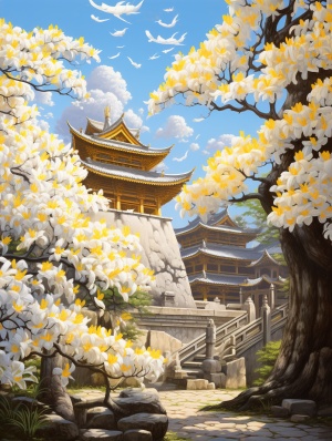 鹅黄色的古寺围墙前，一棵大树，白色的白玉兰花开满枝
