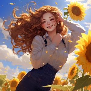 长长的卷发扎成马尾辫，穿着毛衣半身裙靴子，被向日葵包围，开心的大笑着，手里拿着一只向日葵，蓝天白云