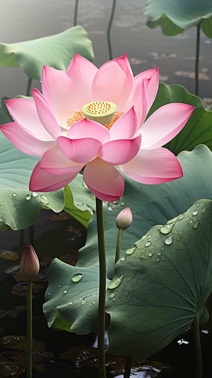 a pink lotus flower in water with a drop of water, in the style of eastern zhou dynasty, photo-realistic landscapes, creative commons attribution, red and green, walter launt palmer, water drops, massurrealism