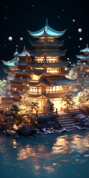 水上灯光的微型中国寺庙，以淡海蓝宝石和金色的风格，梦幻，浪漫的城市景观，由水晶，oshare kei, chinapunk，白色和金色制成，详细的人物插图