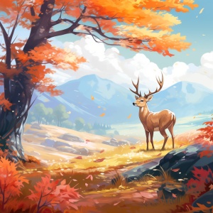 秋天的景色，可爱的小梅花鹿在吃树的果子，他的周边都是飘落的树叶，采用动漫风格，色彩柔和，线条细腻，充满梦幻气息。背景有蓝天，远山，森林，自然光芒，营造出优雅祥和的感觉。它具有动画风格的高分辨率和详细细节
