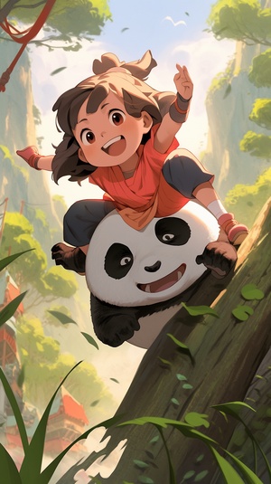 a cute little girl, kungfu panda, playing, smiling, bamboo, mountain, sunshine, masterpiece,