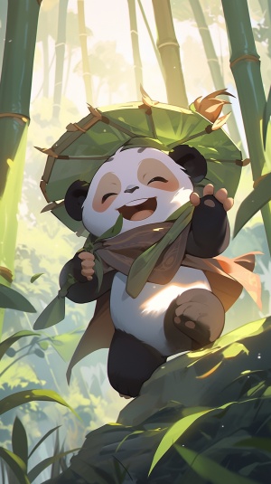 a cute little girl, kungfu panda, playing, smiling, bamboo, mountain, sunshine, masterpiece,