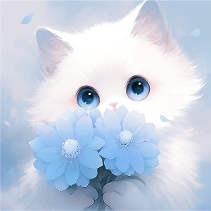 A lovely white cartoon cat, furry, with a blue flower in both hands, happy expression, blue background, high definition iw 2