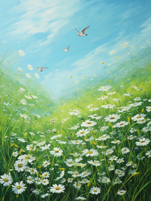 青青草地，点点小花，微风吹动柳条，两只燕子在空中飞舞