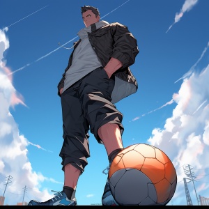 头像，酷酷的体育男老师，一身运动装，脚踩足球，看着上空，上半身，背境虚幻