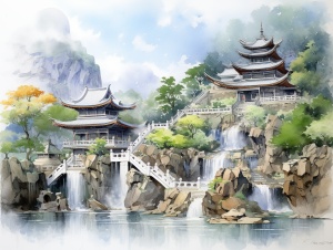 中国古建筑水彩画，寺庙瀑布，写实幻想艺术风格，反重力建筑风格，大气磅礴，超细节渲染山景，高细节，高清晰度，插图，白色背景，极端特写透视，鸟儿在天上飞，有很多很多的建筑，包括宫殿，具有超高细节。夏天，有荷花和向日葵