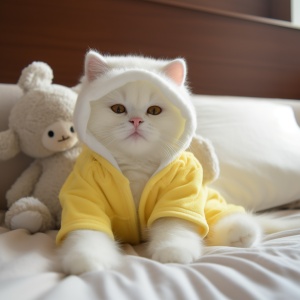 一只穿着黄色泰迪熊连身衣的逼真的白猫躺在床上，风格原始风格200