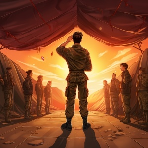 兵哥哥在军营里国旗下面对夕阳敬礼卡通