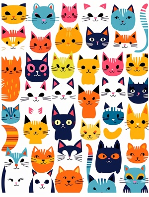mcute colorful stylized cats pattern,vector flat colors,libe drawing,cats facing the viewer,various breeds and colorsar3:4stylize250