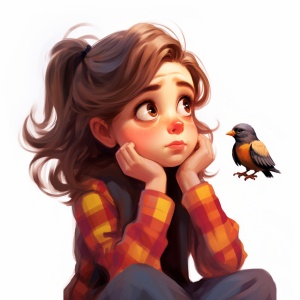 一个可爱的小女孩一边想着她的下巴，在卡通风格，与五颜六色的格子，和一只小鸟坐在她的头发，在一个白色的背景，在一个彩色的绘画风格，简单和干净的线条，作为一个高分辨率的插图。皮克斯风格的插图。
